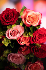 Bunch of roses on the bokeh background. Women’s day gift. 