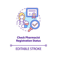 Check pharmacist registration status concept icon. Online pharmacy idea thin line illustration. Buying medicine online tips. Vector isolated outline RGB color drawing. Editable stroke