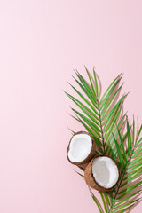Obraz na płótnie Canvas Summer flat lay scene with palm leaf and coconut fruits on pink background. Top view, copy space. Trendy Summertime banner. Travel, organic cosmetics, summer sale concept.