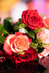Bunch of roses on the bokeh background. Women’s day gift. 