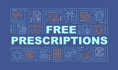 Free prescription word concepts banner. Healthcare insurance. Chronic disease. Infographics with linear icons on navy background. Isolated typography. Vector outline RGB color illustration