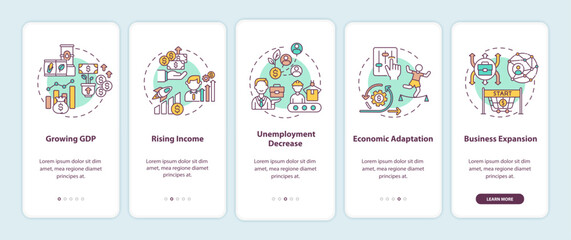 Economic recovery parameters onboarding mobile app page screen with concepts. Improving business activity walkthrough 5 steps graphic instructions. UI vector template with RGB color illustrations
