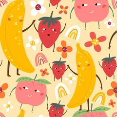 Foto op Aluminium Seamless pattern with banana, peach and strawberry. Seamless pattern with funny fruits. Modern textile, greeting card, poster, wrapping paper designs. Vector illustration.  © Evartfinds