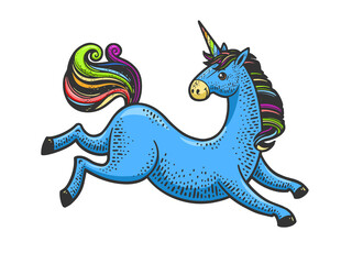 Unicorn cartoon legendary creature color sketch engraving vector illustration. T-shirt apparel print design. Scratch board imitation. Black and white hand drawn image.