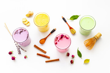 Set of turmeric rose and matcha milk latte coffee or tea