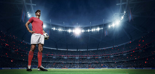 Football player in the stadium. An imaginary stadium is modelled and rendered.