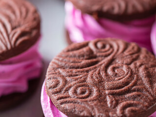 Marshmallow sandwich. Chocolate cookies, berry marshmallows, zefir.