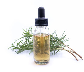 Fresh organic rosemary with essential oil on white background