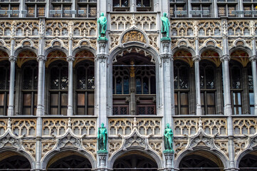 Brussels, Belgium - July 13, 2019: Gothic architecture details of buildings on the Grand Place square of Brussels, Belgium - 417360763