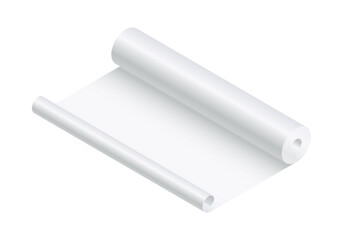 Isometric vector illustration blank paper roll mock up isolated on white background. Realistic paper roll or fabric roll icon in flat cartoon style. White textile or paper roll mockup template.