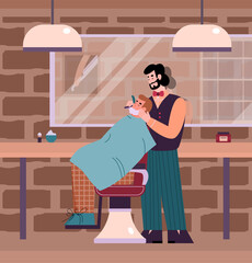 Barber shaving a client with vintage blade razor, cartoon vector illustration. Barber Shop interior with male cartoon characters of hairdresser and his client.