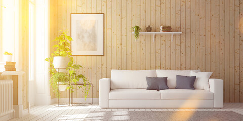 Sofa vor Wand in Wohnzimmer im Sommer mit Sonne