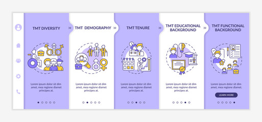 Top management team analysis criteria onboarding vector template. TMT diversity and demography. Responsive mobile website with icons. Webpage walkthrough step screens. RGB color concept