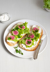 Tasty and delicious toast with lettuce, radish and cream cheese. Ketogenic diet. Healthy lifestyle.