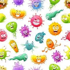 Virus, bacteria and germ cartoon characters seamless pattern. Vector background with funny monsters of coronavirus, flu and influenza, adenovirus, rotavirus and papillomavirus, microbiology backdrop