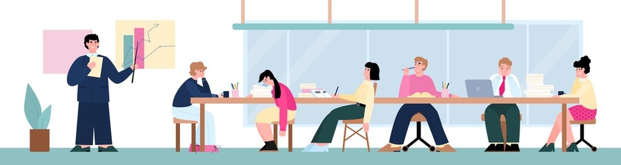 Bored, tired, dreaming or lazy characters office employees, sleeping at desk on work production meeting. Flat cartoon vector illustration.