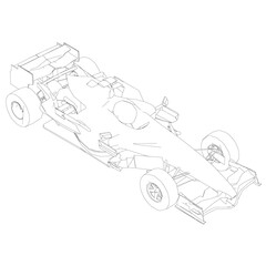 Contour of a racing car from black lines on a white background. Isometric view. Vector illustration