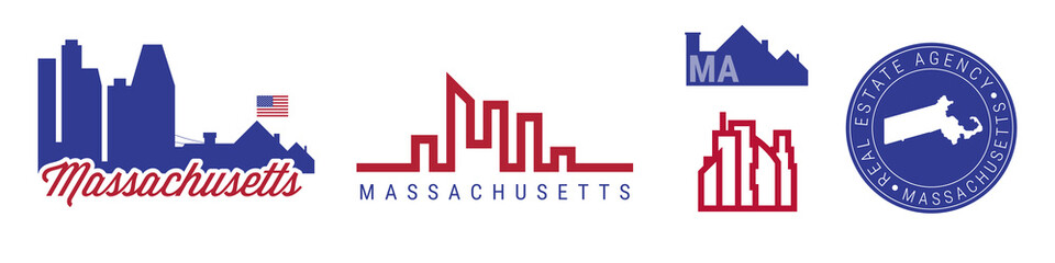 Massachusetts real estate agency. US realty vector emblem icon set