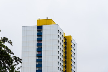 Residential buildings from soviet era in East Berlin. Thermal insulation renovation facade