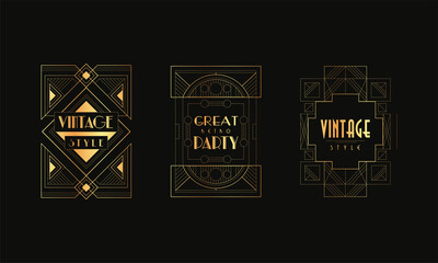 Great Retro Party Logo Templates Set, Vintage Art Deco Style Design Element for Invitation Card, Flyer, Banner, Poster, Cover Vector Illustration.