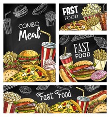 Fast food meals and drinks chalkboard sketch banners. Hamburger, french fries and pizza, hot dog, taco and donut, ice cream in waffle cone, popcorn bucket and soda glass vector. Fast food meals poster