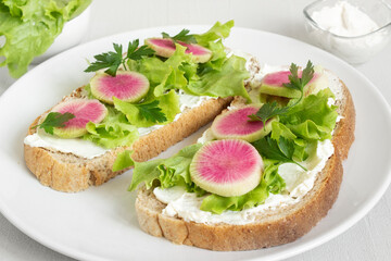 Tasty and delicious toast with lettuce, radish and cream cheese. Ketogenic diet. Healthy lifestyle.
