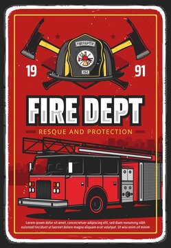 Fire department emergency rescue squad poster. Fire engine or truck with extension ladder and water tender, firefighter helmet with brigade emblem and crossed axes vector. Rescue service retro banner