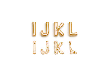 Inflated, deflated gold I J K L letters, balloon font