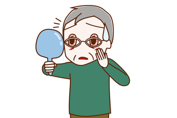 充血した結膜炎の目を鏡で発見しショックな高齢の男性（眼鏡バージョン）