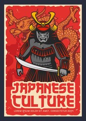 Japanese culture and history grungy poster. Samurai warrior in heavy armor, horned helmet and scary face mask, armed katana sword, scaly dragon vector. Japan war and military history retro banner