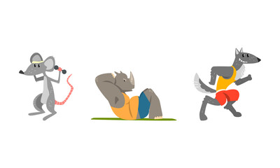 Mouse Exercising with Dumbbells, Wolf Running, Rhinoceros Doing Sit up, Powerful Wild Animals Characters Doing Sports Vector Illustration