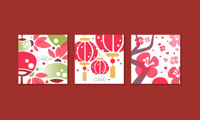 Japanese Greeting Cards Set, Banner, Poster, Background with Traditional Japan Symbols Beautiful Abstract Vector Illustration