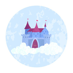 Fototapeta premium Vector colorful illustration of magical fairy princess castle floating in the clouds on a blue round background