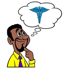 Man thinking about Health Insurance - A cartoon illustration of a man thinking about getting Health Insurance.