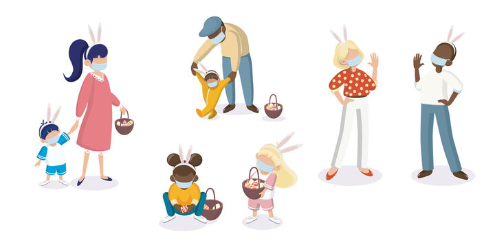 Flat design. Family fun for Easter, amid a pandemic. Mom, dad, children, grandfather isolated on white background. Characters for Easter cards, invitations, congratulations.