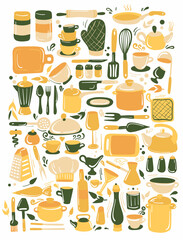 Set of kitchenware and utensils hand drawn vector illustration. Colorful green and yellow modern hand drawn style  isolated on white background. For modern recipe card template set for cookbook.