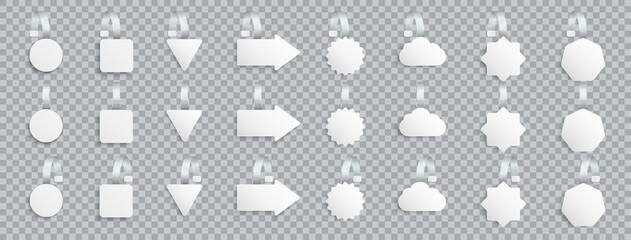Set of white blank advertising wobblers isolated on transparent background. Different shape wobbler sale discount tags. 3d realistic tag design. Concept for supermarket price tag on shelves. Vector