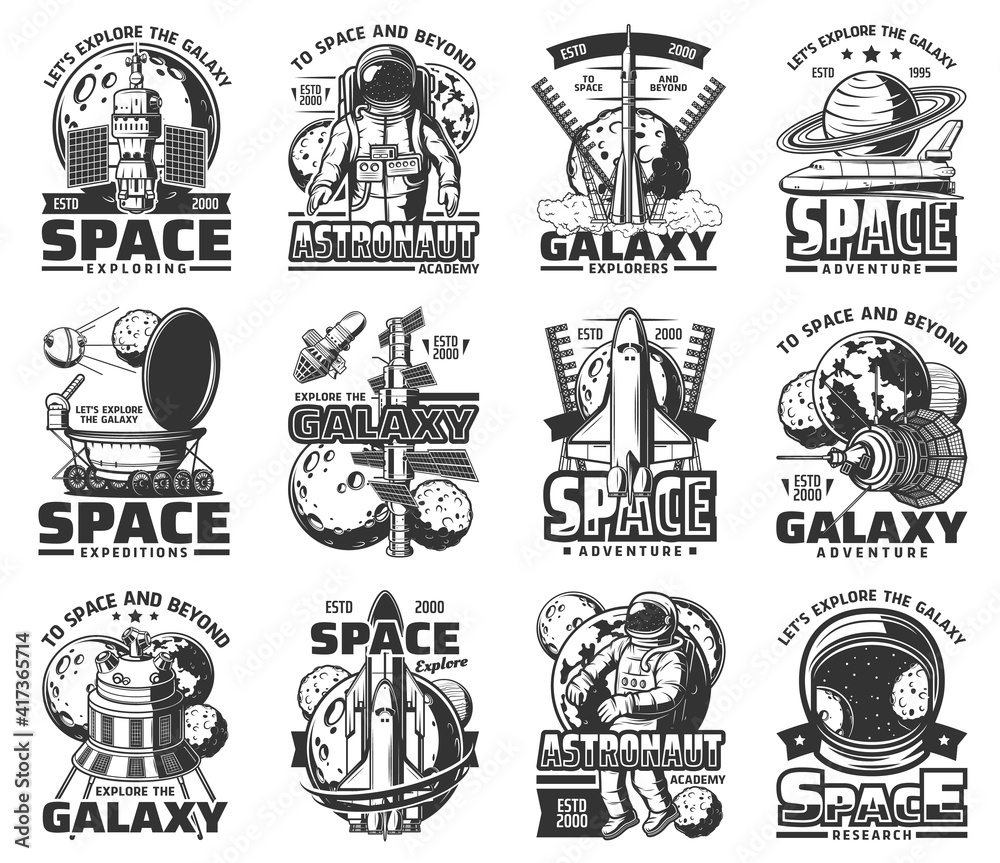Poster Outer space and galaxy exploration, astronauts icons, vector universe spaceship rockets. Galaxy universe explorers and astronauts academy, Moon, Saturn and Jupiter cosmic station expeditions