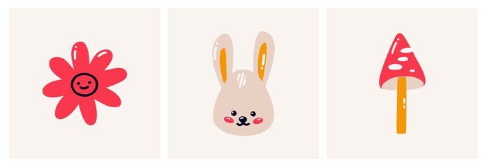 Illustration of a cute bunny, flower and fly agaric. cartoon style. Ready-made cards for children. Flat vector illustration isolated on a white background