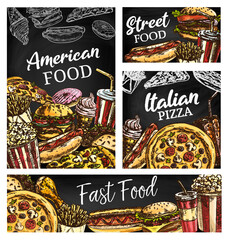 American fastfood posters, sketch takeaway fast food vector burger, hot dog, pizza and soda drink. French fries, donut, ice cream or tacos takeaway snacks on blackboard with junk food sketch banner - obrazy, fototapety, plakaty