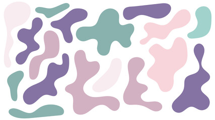 Irregular blob, set of abstract organic shapes. Pink and green irregular random blobs. Simple liquid amorphous splodge. Trendy minimal designs for presentations, banners, posters and flyers.