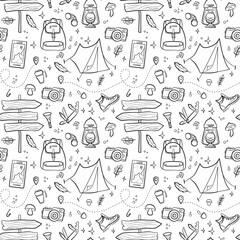 Hiking and camping seamless pattern with travel elements. Seamless pattern for design, posters, backgrounds Hiking, travel and camping theme. Tent, sing, campfire, map, camera, binoculars in line © Elena