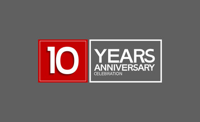 10 years anniversary in square with white and red color for celebration isolated on black background