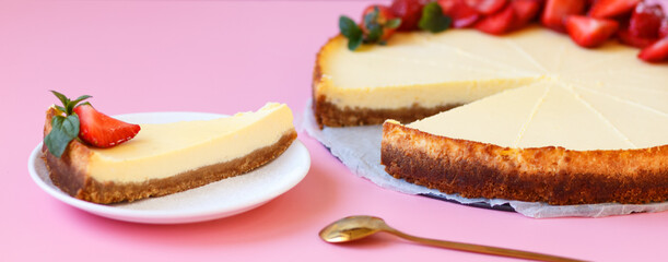 Red and white cake, cheesecake on pink background. Stylish food concept