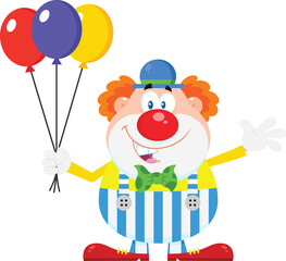 Happy Clown Cartoon Character With Balloons Waving. Vector Illustration Flat Design Isolated On Transparent Background