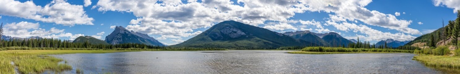 Banff National Park beautiful landscape, Vermilion Lakes panorama view in summer time. Canadian Rockies, Alberta, Canada.