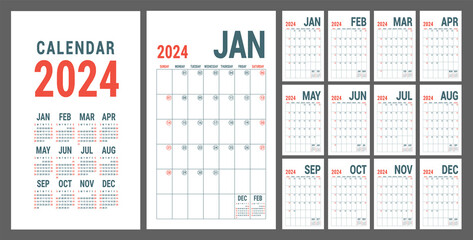 Calendar 2024. English red planner template. Vector grid. Office business planning. Creative design