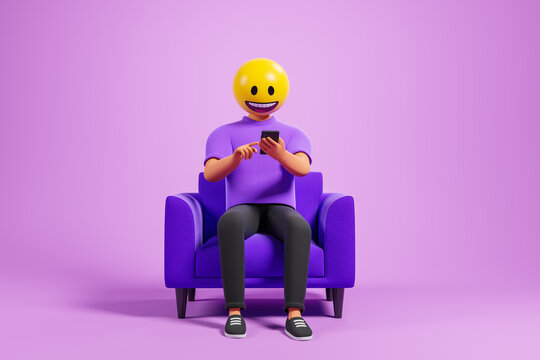 Happy cartoon character man with yellow emoji smile head on purple armchair typing smartphone over pink background.