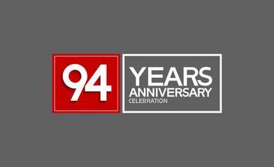 94 years anniversary in square with white and red color for celebration isolated on black background