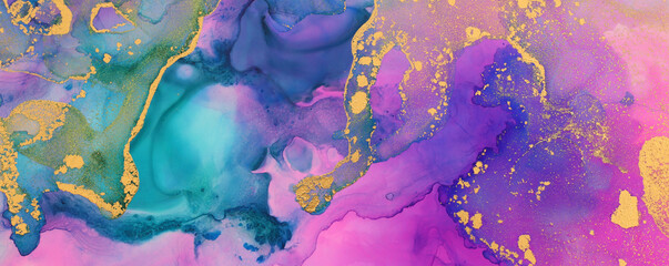 art photography of abstract fluid art painting with alcohol ink, blue, purple, pink and gold colors